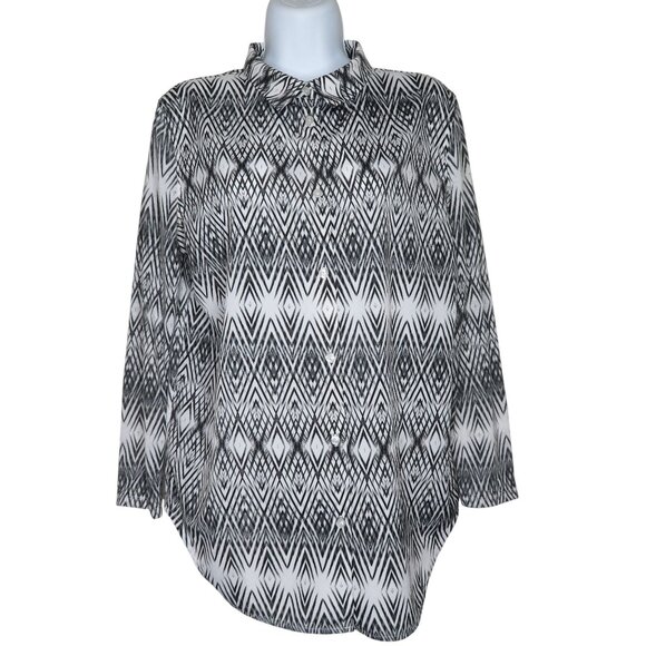 H&M Womens XS Black White Geometric Print Button-Up Blouse Long Sleeve - Picture 6 of 10
